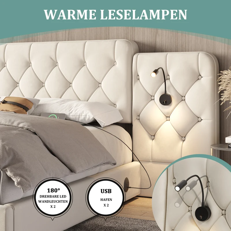 Lit coffre queen en velours beige grand tête de lit, porte USB et 2 lampes 160x200 cm VERTEXKRYNNATH