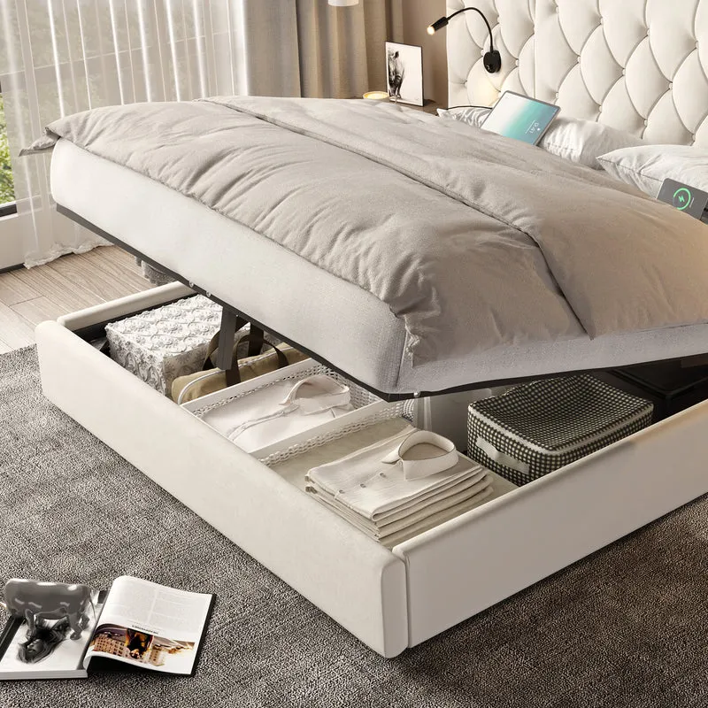 Lit coffre queen en velours beige grand tête de lit, porte USB et 2 lampes 160x200 cm VERTEXKRYNNATH