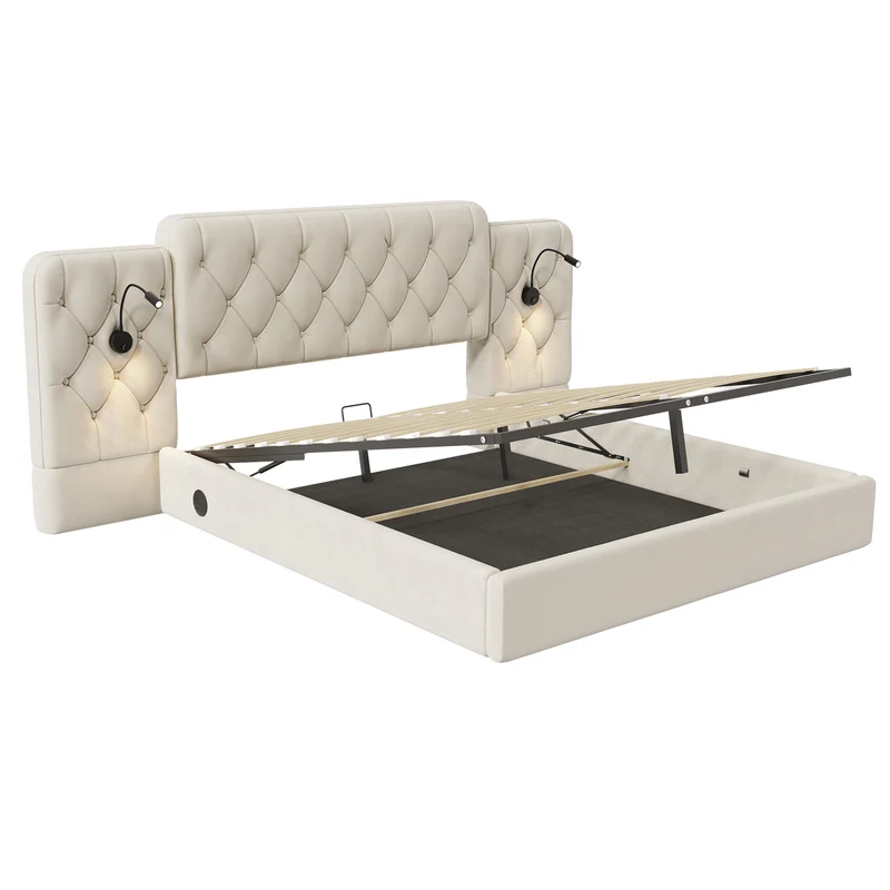 Lit coffre queen en velours beige grand tête de lit, porte USB et 2 lampes 160x200 cm VERTEXKRYNNATH