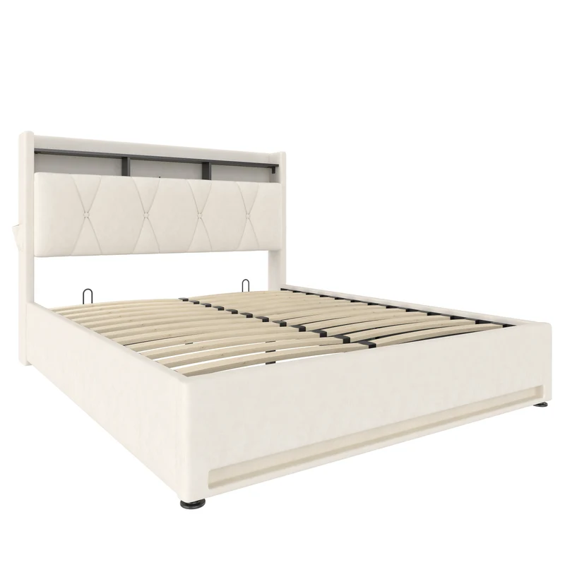 Lit coffre double velours beige avec éclairage LED, rangement et USB Type-C 160x200cm VERTEXZORATHYN