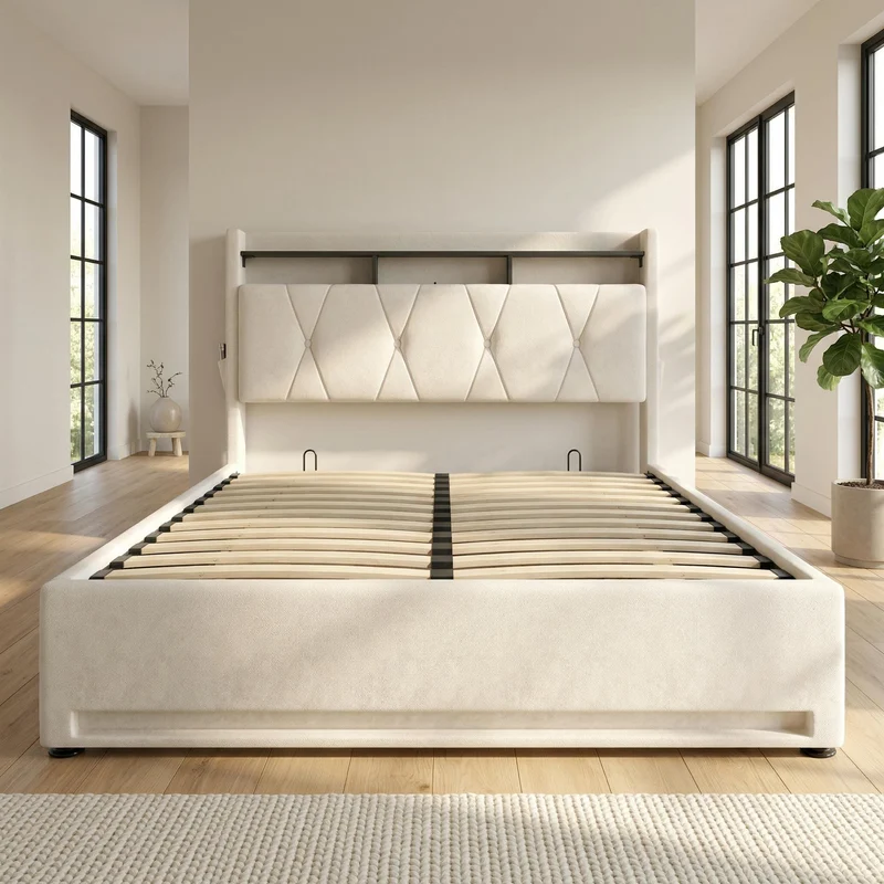 Lit coffre double velours beige avec éclairage LED, rangement et USB Type-C 160x200cm VERTEXZORATHYN