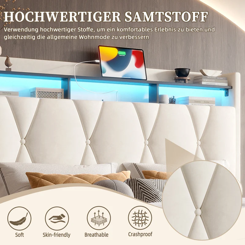 Lit coffre double velours beige avec éclairage LED, rangement et USB Type-C 160x200cm VERTEXZORATHYN