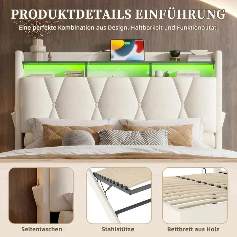 Lit coffre double velours beige avec éclairage LED, rangement et USB Type-C 160x200cm VERTEXZORATHYN