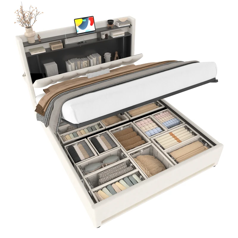 Lit coffre double velours beige avec éclairage LED, rangement et USB Type-C 160x200cm VERTEXZORATHYN
