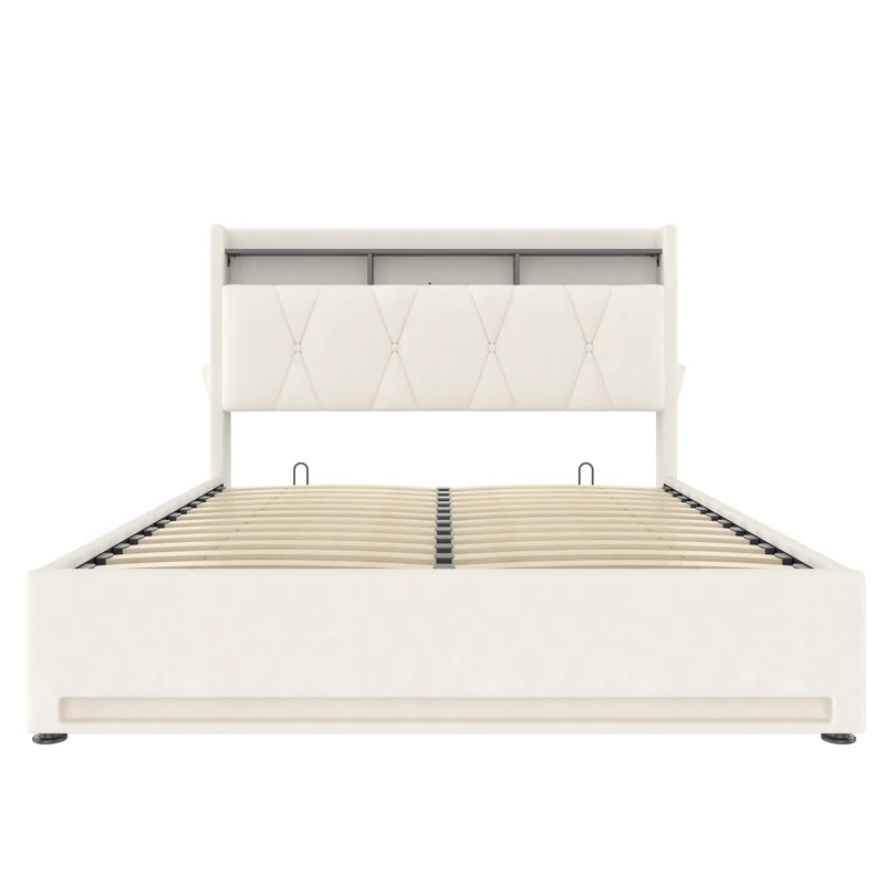 Lit coffre double velours beige avec éclairage LED, rangement et USB Type-C 160x200cm VERTEXZORATHYN