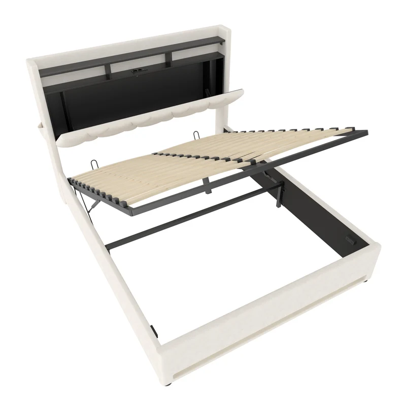 Lit coffre double velours beige avec éclairage LED, rangement et USB Type-C 160x200cm VERTEXZORATHYN