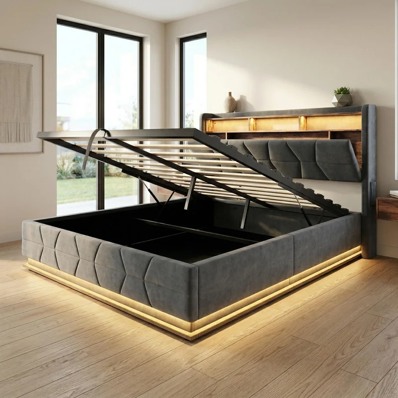 Lit coffre queen en velours gris foncé avec LED, ports USB/Type-C 160x200cm VERTEXRYLATH