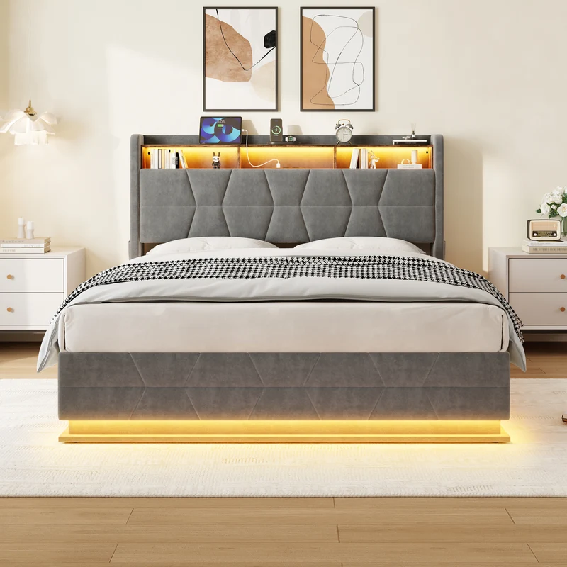 Lit coffre queen en velours gris foncé avec LED, ports USB/Type-C 160x200cm VERTEXRYLATH