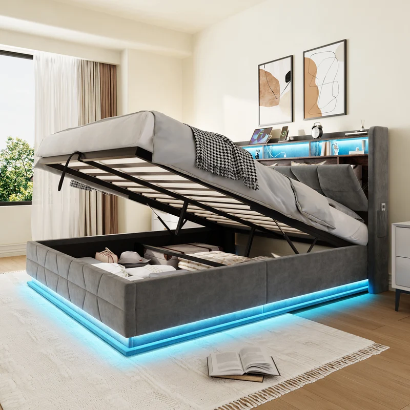 Lit coffre queen en velours gris foncé avec LED, ports USB/Type-C 160x200cm VERTEXRYLATH