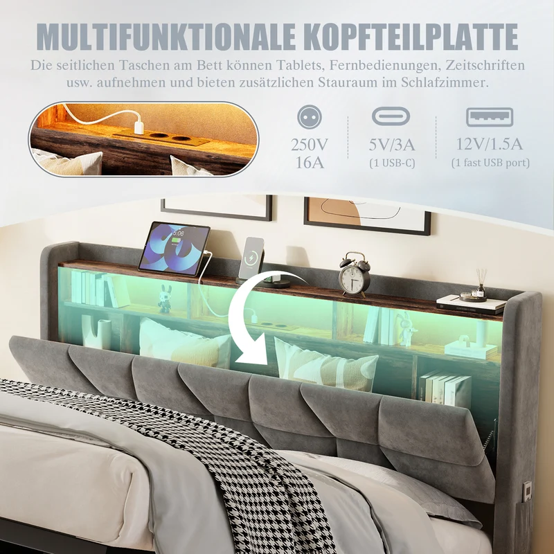 Lit coffre queen en velours gris foncé avec LED, ports USB/Type-C 160x200cm VERTEXRYLATH