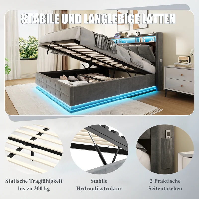 Lit coffre queen en velours gris foncé avec LED, ports USB/Type-C 160x200cm VERTEXRYLATH