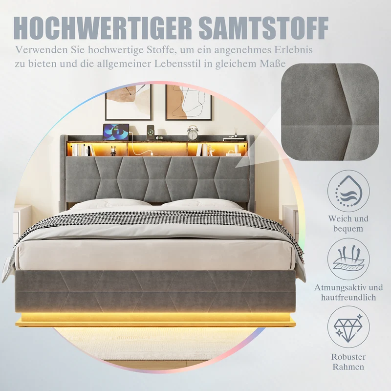 Lit coffre queen en velours gris foncé avec LED, ports USB/Type-C 160x200cm VERTEXRYLATH