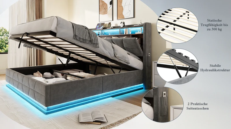 Lit coffre queen en velours gris foncé avec LED, ports USB/Type-C 160x200cm VERTEXRYLATH