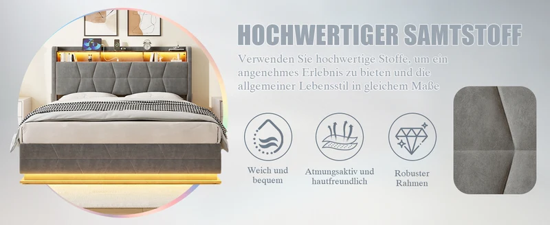 Lit coffre queen en velours gris foncé avec LED, ports USB/Type-C 160x200cm VERTEXRYLATH
