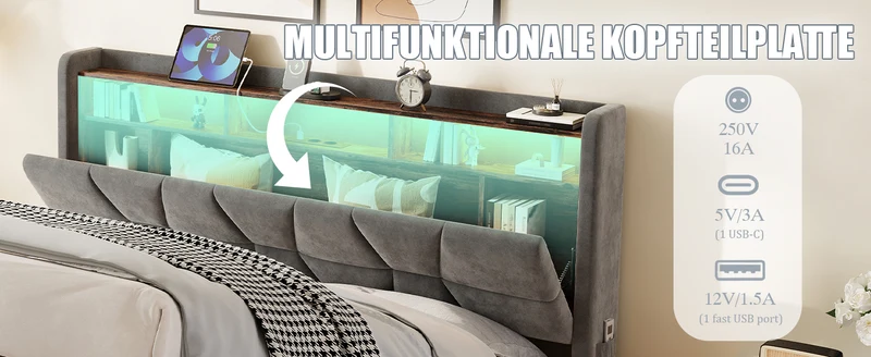 Lit coffre queen en velours gris foncé avec LED, ports USB/Type-C 160x200cm VERTEXRYLATH