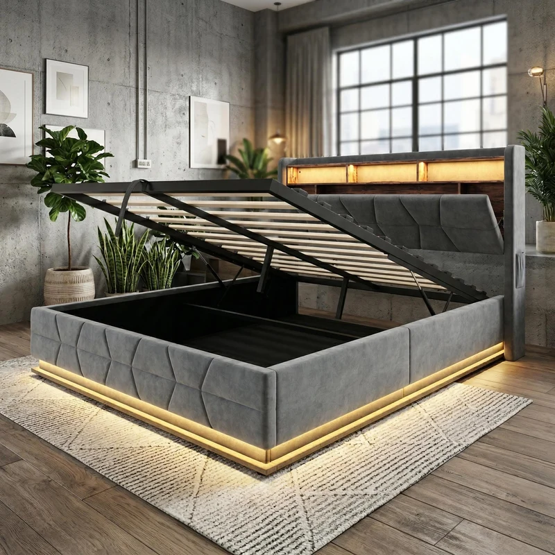 Lit coffre queen en velours gris foncé avec LED, ports USB/Type-C 160x200cm VERTEXRYLATH