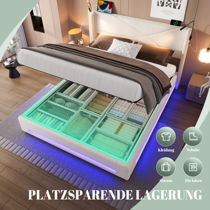 Lit double coffre velours beige avec LED, lampes de lecture et Ports USB 140x200cm VERTEXVALTHYN