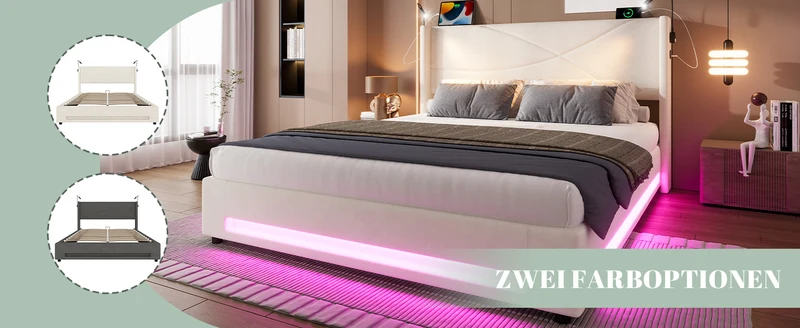 Lit double coffre velours beige avec LED, lampes de lecture et Ports USB 140x200cm VERTEXVALTHYN
