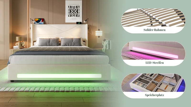 Lit double coffre velours beige avec LED, lampes de lecture et Ports USB 140x200cm VERTEXVALTHYN