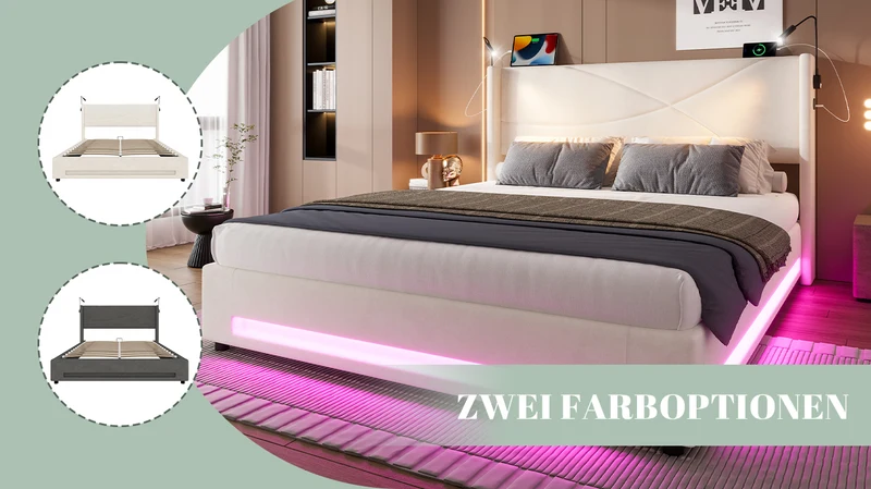 Lit double coffre velours beige avec LED, lampes de lecture et Ports USB 140x200cm VERTEXVALTHYN