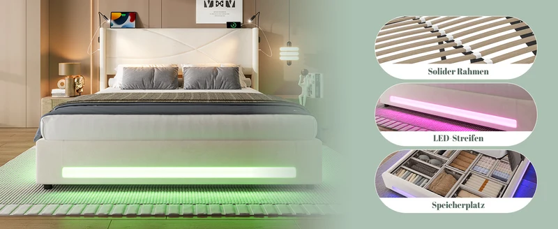 Lit double coffre velours beige avec LED, lampes de lecture et Ports USB 140x200cm VERTEXVALTHYN