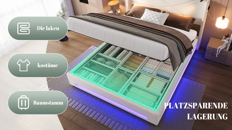 Lit double coffre velours beige avec LED, lampes de lecture et Ports USB 140x200cm VERTEXVALTHYN