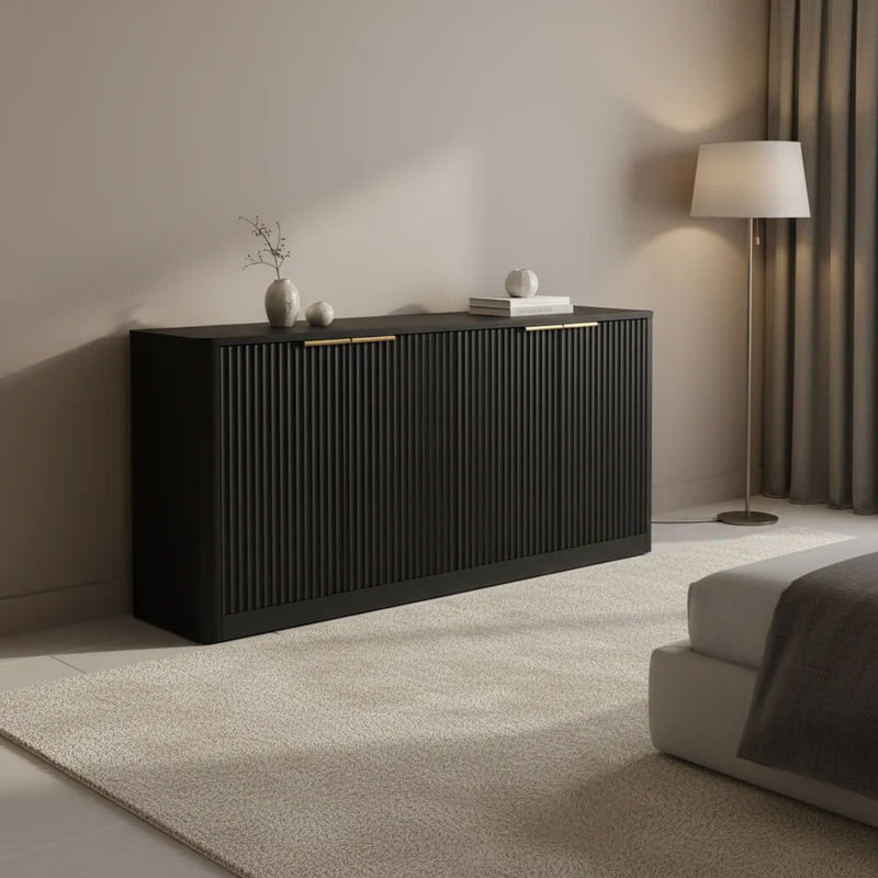 Buffet noir 4 portes façade ondulé et détails dorés 150x40x70,5cm VERTEXZYNTHYN