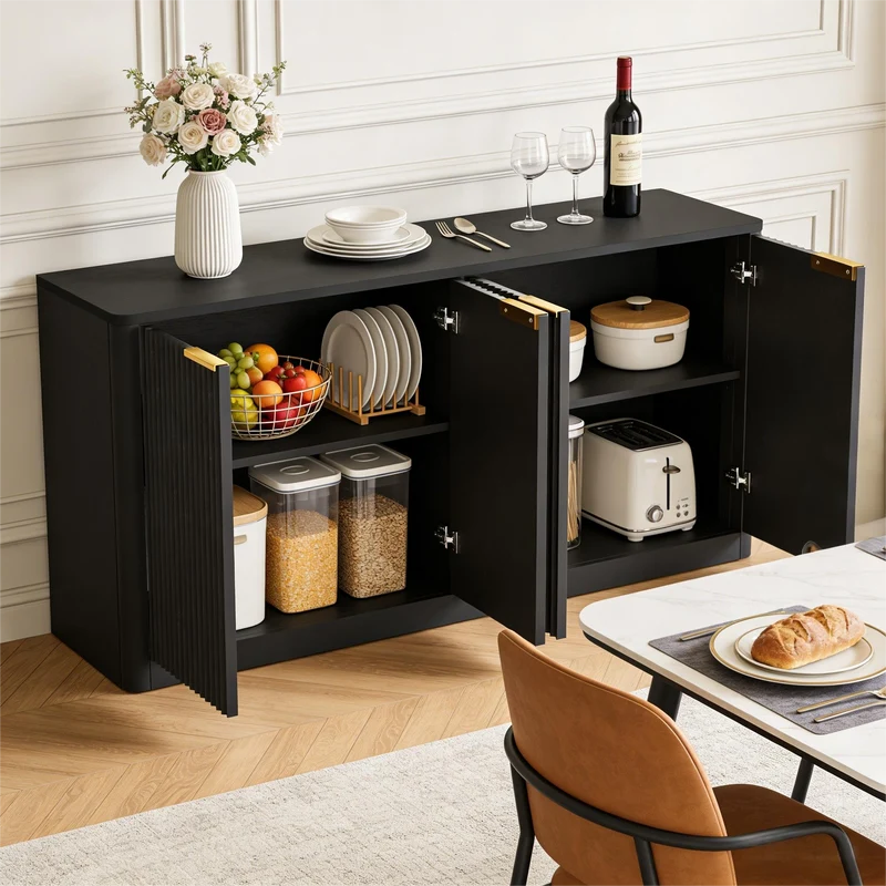 Buffet noir 4 portes façade ondulé et détails dorés 150x40x70,5cm VERTEXZYNTHYN