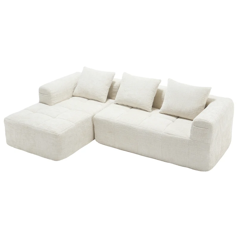 Canapé d'angle 3 places en chenille beige avec méridienne et poches latérales sans montage VERTEXVYNRAK