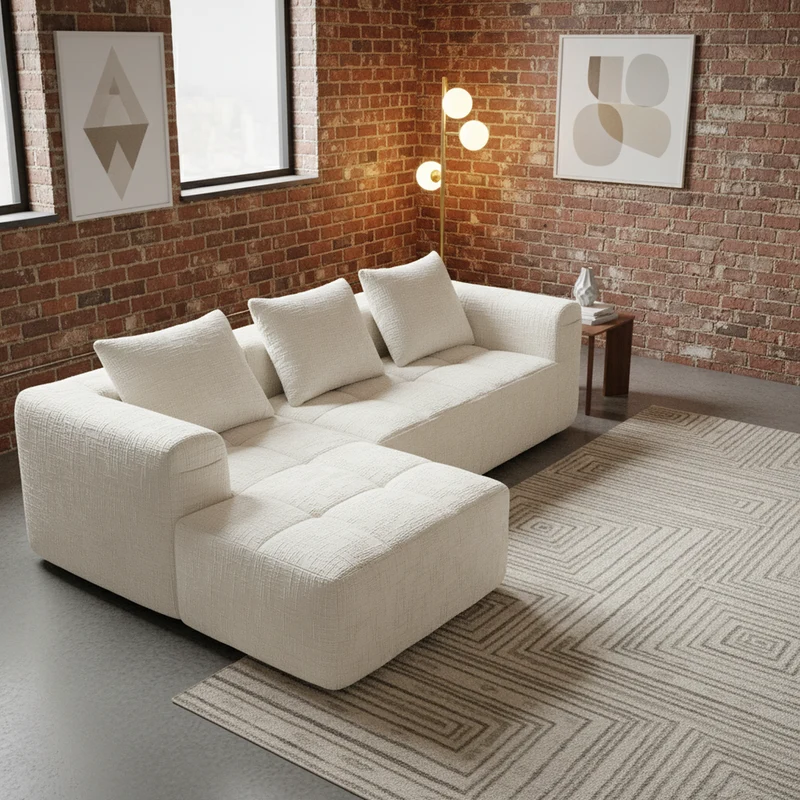 Canapé d'angle 3 places en chenille beige avec méridienne et poches latérales sans montage VERTEXVYNRAK