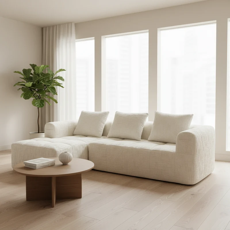 Canapé d'angle 3 places en chenille beige avec méridienne et poches latérales sans montage VERTEXVYNRAK
