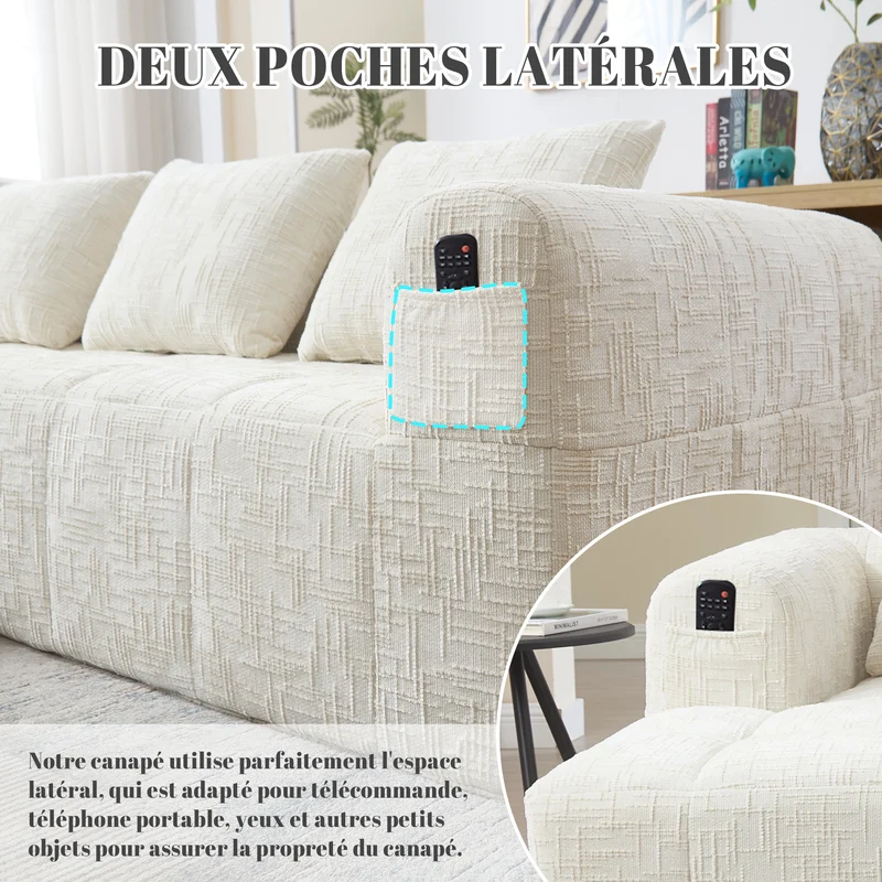 Canapé d'angle 3 places en chenille beige avec méridienne et poches latérales sans montage VERTEXVYNRAK