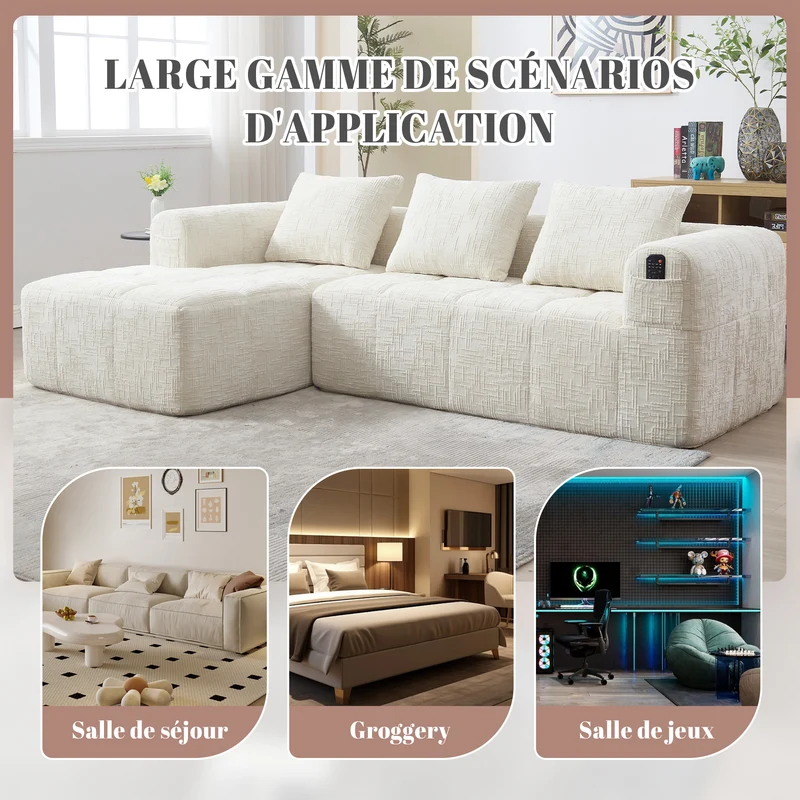 Canapé d'angle 3 places en chenille beige avec méridienne et poches latérales sans montage VERTEXVYNRAK