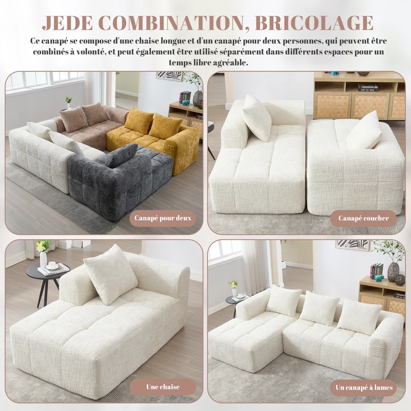 Canapé d'angle 3 places en chenille beige avec méridienne et poches latérales sans montage VERTEXVYNRAK