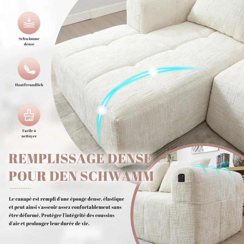 Canapé d'angle 3 places en chenille beige avec méridienne et poches latérales sans montage VERTEXVYNRAK