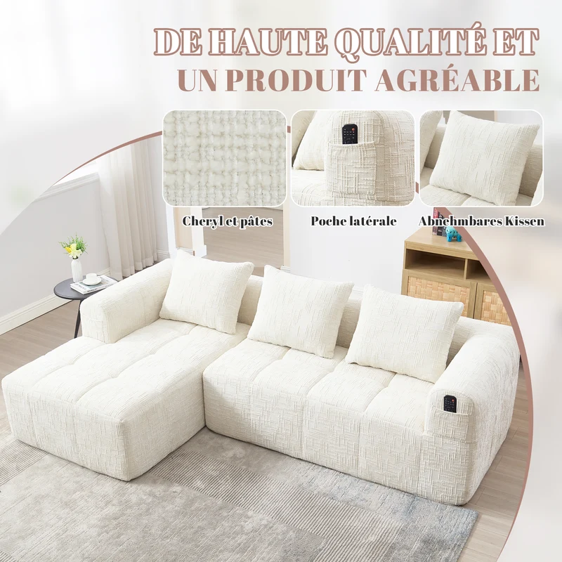 Canapé d'angle 3 places en chenille beige avec méridienne et poches latérales sans montage VERTEXVYNRAK