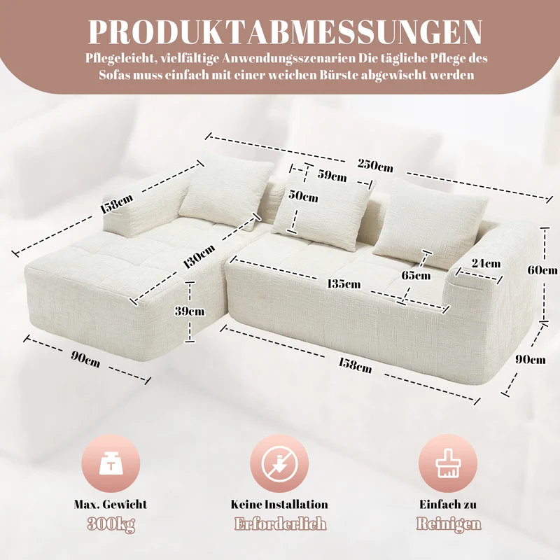 Canapé d'angle 3 places en chenille beige avec méridienne et poches latérales sans montage VERTEXVYNRAK