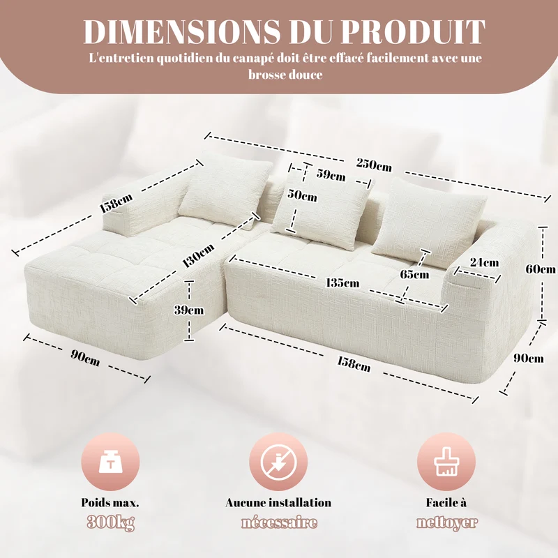 Canapé d'angle 3 places en chenille beige avec méridienne et poches latérales sans montage VERTEXVYNRAK