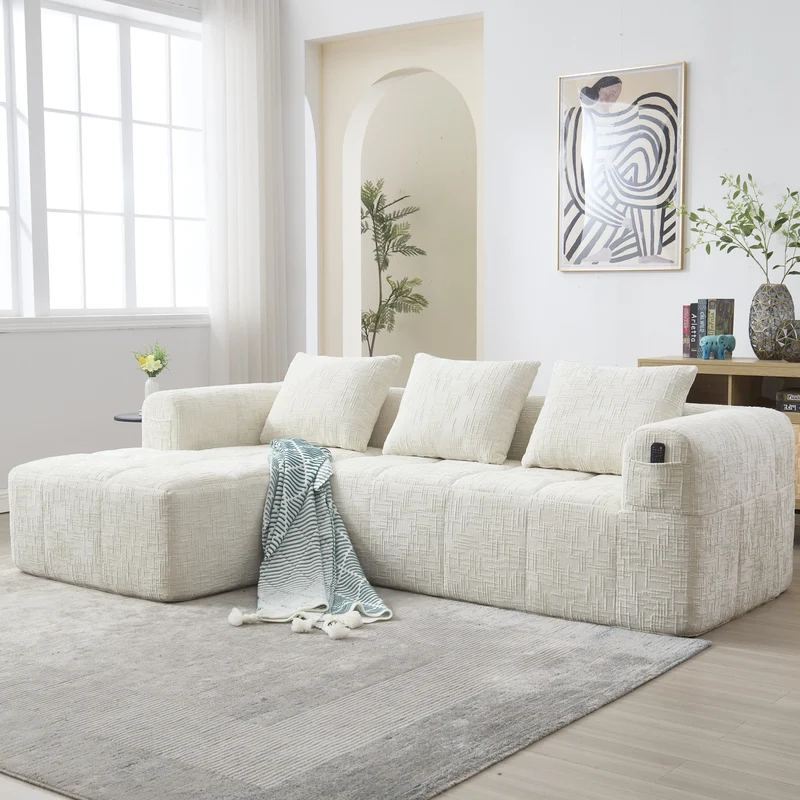 Canapé d'angle 3 places en chenille beige avec méridienne et poches latérales sans montage VERTEXVYNRAK