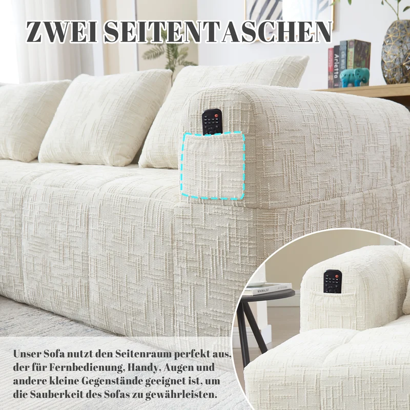 Canapé d'angle 3 places en chenille beige avec méridienne et poches latérales sans montage VERTEXVYNRAK
