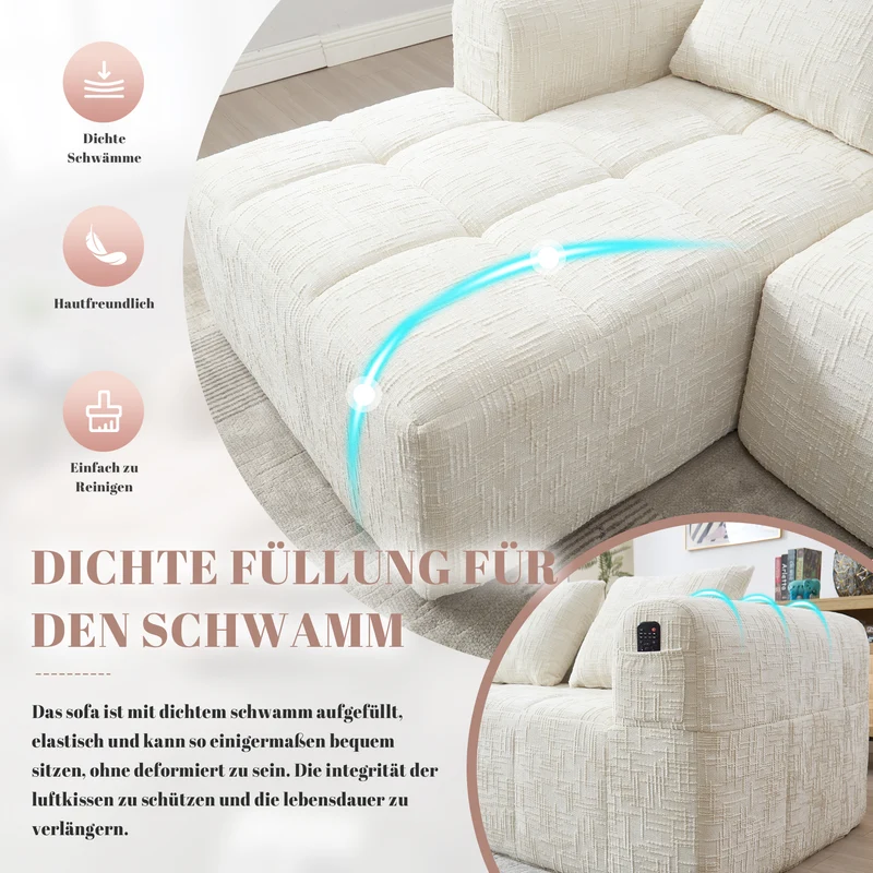 Canapé d'angle 3 places en chenille beige avec méridienne et poches latérales sans montage VERTEXVYNRAK