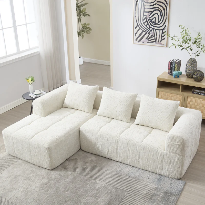 Canapé d'angle 3 places en chenille beige avec méridienne et poches latérales sans montage VERTEXVYNRAK