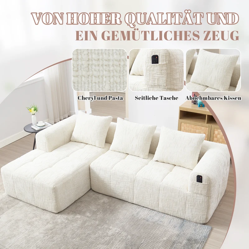 Canapé d'angle 3 places en chenille beige avec méridienne et poches latérales sans montage VERTEXVYNRAK