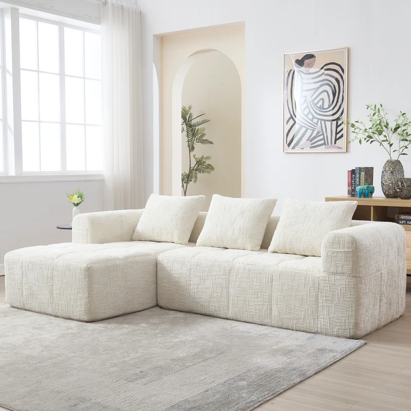 Canapé d'angle 3 places en chenille beige avec méridienne et poches latérales sans montage VERTEXVYNRAK