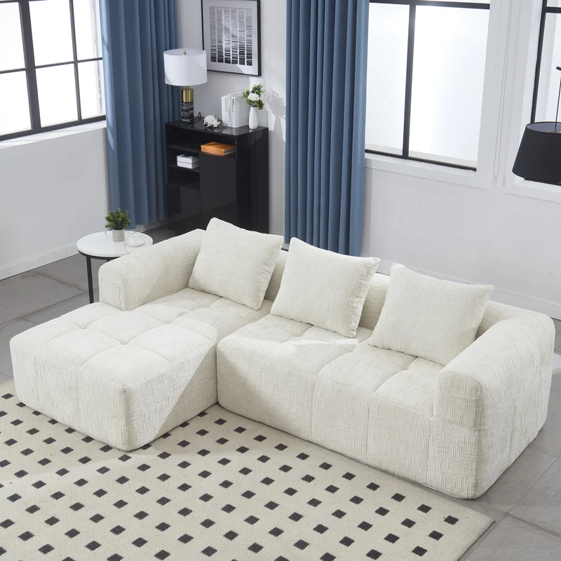 Canapé d'angle 3 places en chenille beige avec méridienne et poches latérales sans montage VERTEXVYNRAK