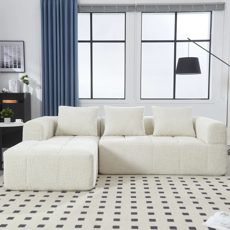 Canapé d'angle 3 places en chenille beige avec méridienne et poches latérales sans montage VERTEXVYNRAK
