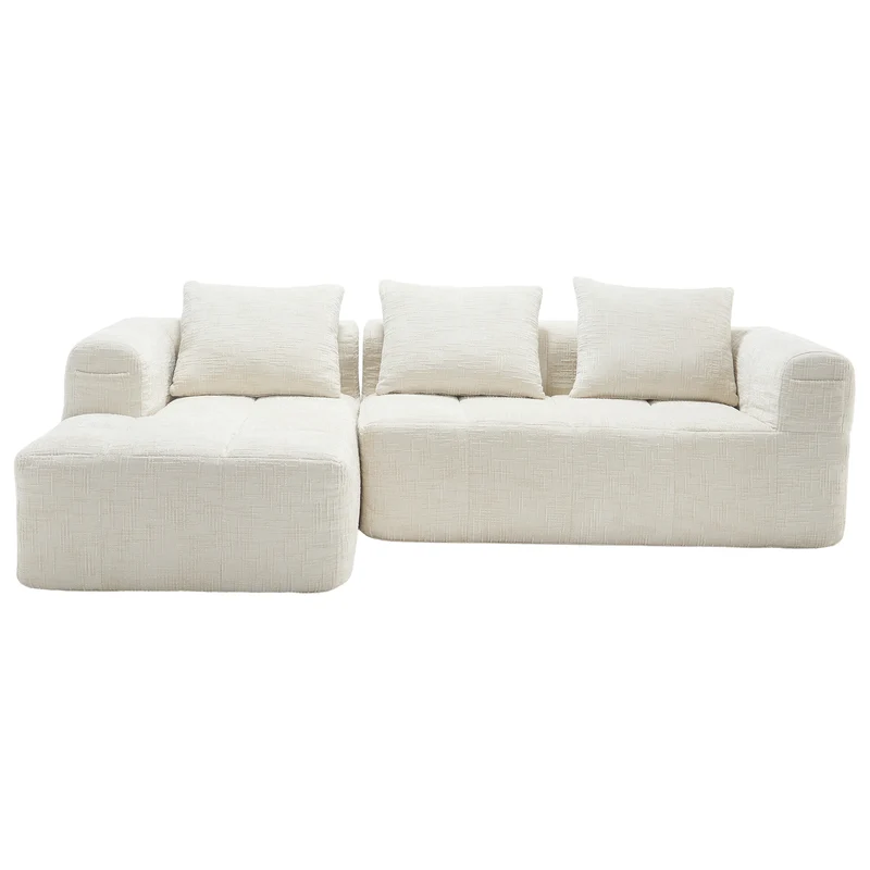 Canapé d'angle 3 places en chenille beige avec méridienne et poches latérales sans montage VERTEXVYNRAK