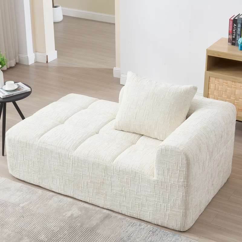 Canapé d'angle 3 places en chenille beige avec méridienne et poches latérales sans montage VERTEXVYNRAK