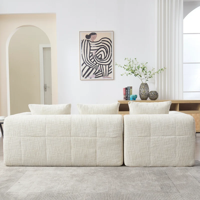 Canapé d'angle 3 places en chenille beige avec méridienne et poches latérales sans montage VERTEXVYNRAK