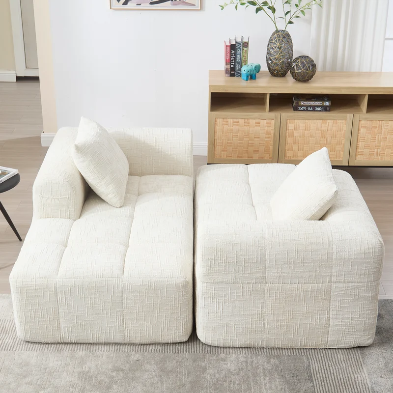 Canapé d'angle 3 places en chenille beige avec méridienne et poches latérales sans montage VERTEXVYNRAK